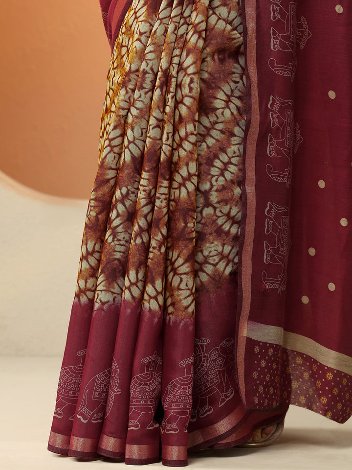 Mustard Printed Silk Blend Saree With Unstitched Blouse Piece
