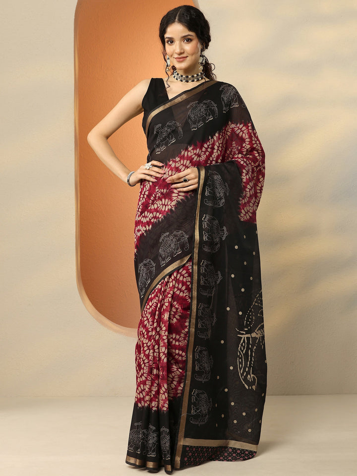 Red Printed Silk Blend Saree With Unstitched Blouse Piece