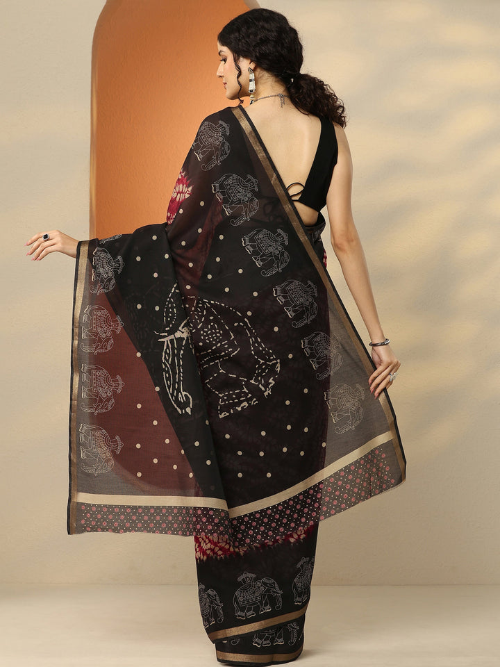 Red Printed Silk Blend Saree With Unstitched Blouse Piece