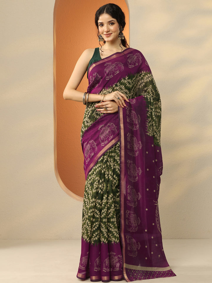 Green Printed Silk Blend Saree With Unstitched Blouse Piece