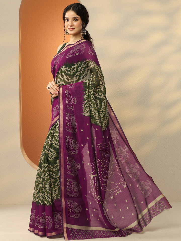 Green Printed Silk Blend Saree With Unstitched Blouse Piece