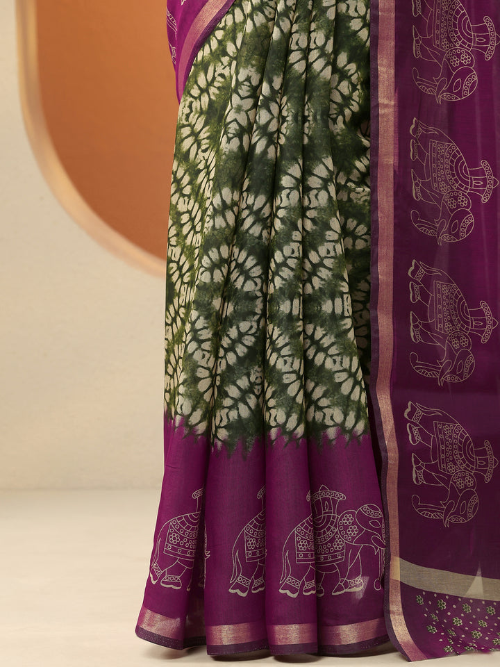 Green Printed Silk Blend Saree With Unstitched Blouse Piece