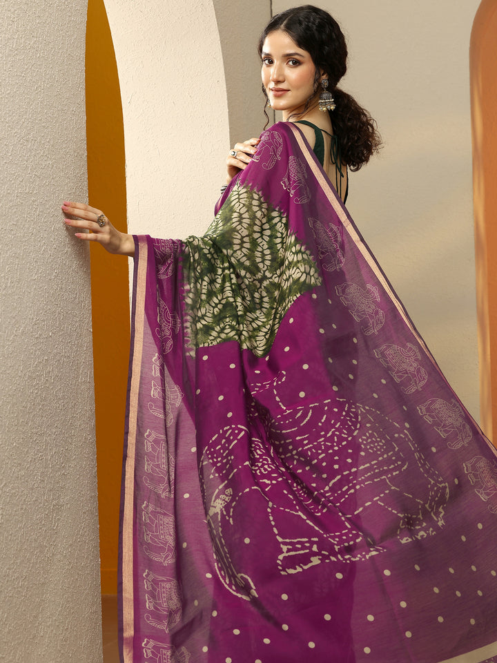Green Printed Silk Blend Saree With Unstitched Blouse Piece