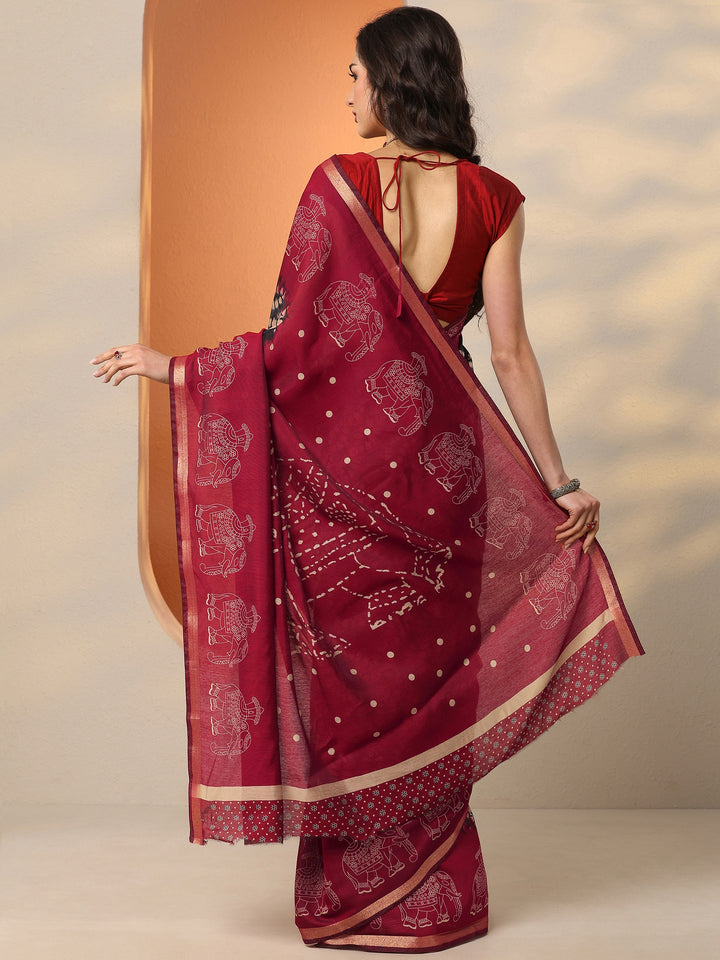 Navy Blue Printed Silk Blend Saree With Unstitched Blouse Piece