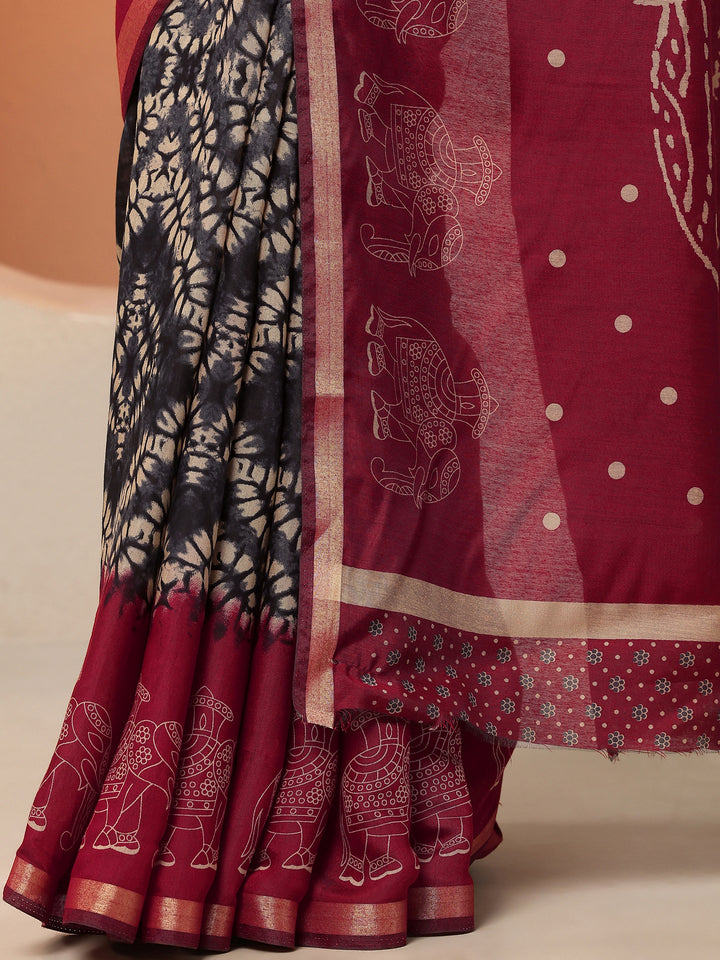 Navy Blue Printed Silk Blend Saree With Unstitched Blouse Piece