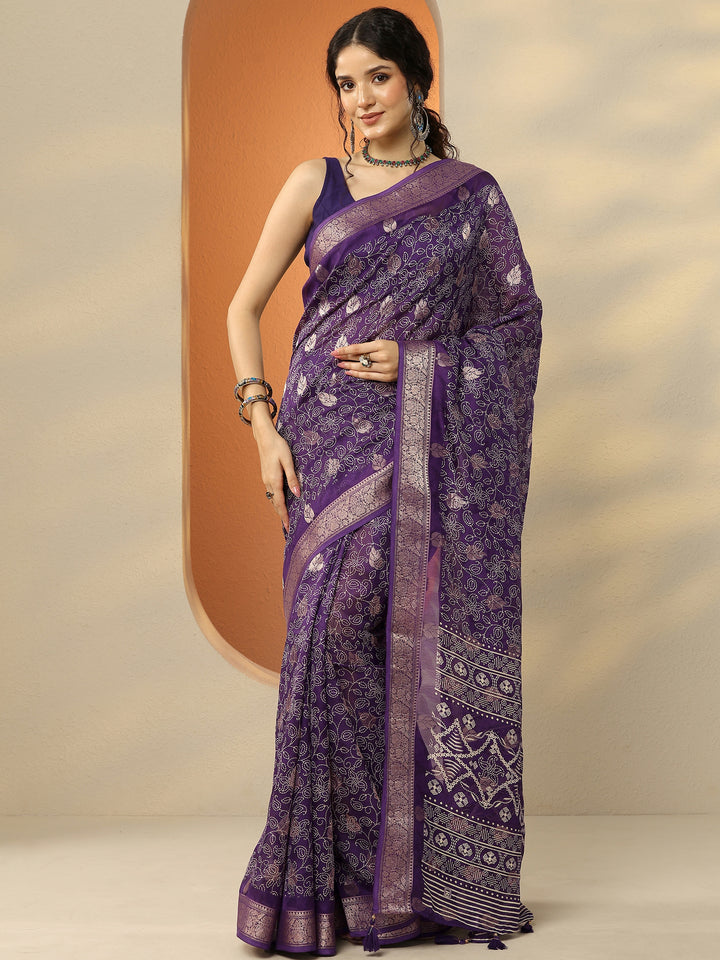 Purple Printed Silk Blend Saree With Unstitched Blouse Piece