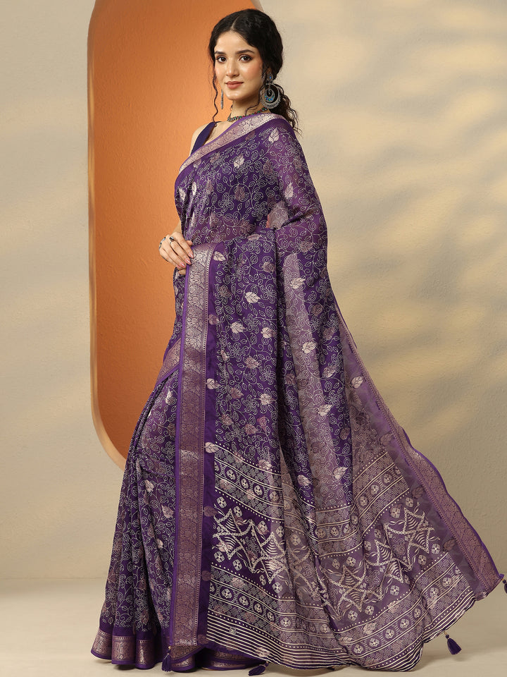 Purple Printed Silk Blend Saree With Unstitched Blouse Piece