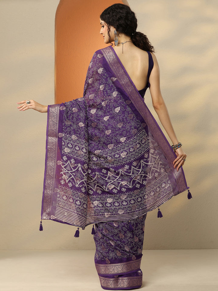 Purple Printed Silk Blend Saree With Unstitched Blouse Piece
