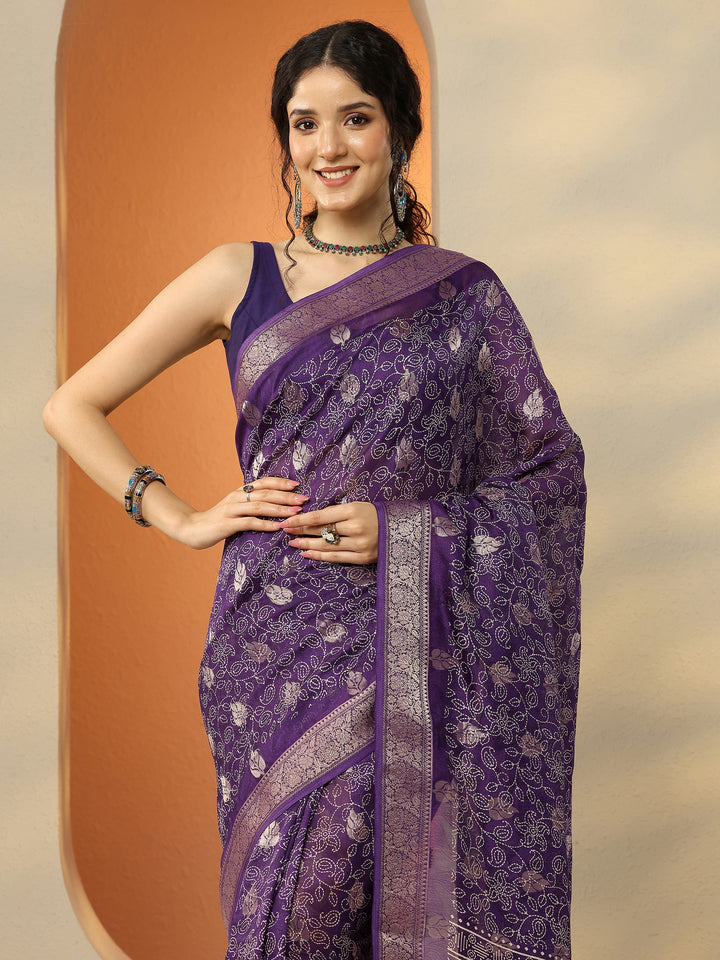 Purple Printed Silk Blend Saree With Unstitched Blouse Piece