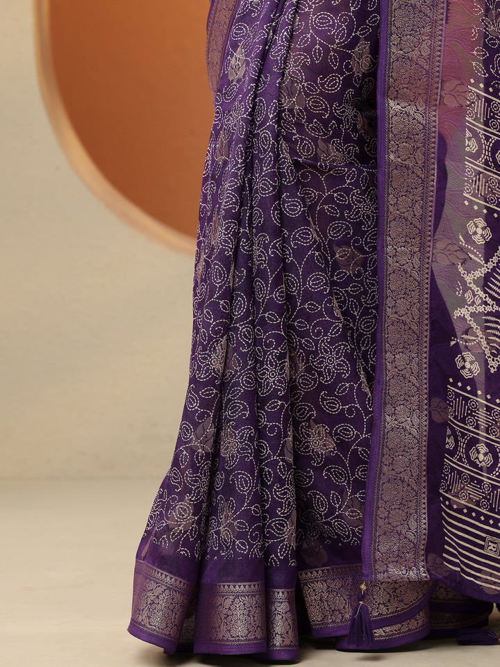 Purple Printed Silk Blend Saree With Unstitched Blouse Piece