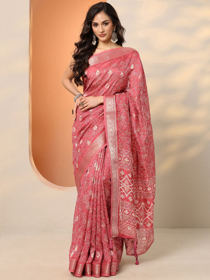 Coral Printed Silk Blend Saree With Unstitched Blouse Piece