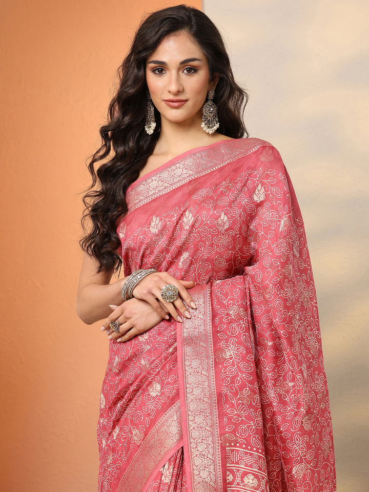 Coral Printed Silk Blend Saree With Unstitched Blouse Piece