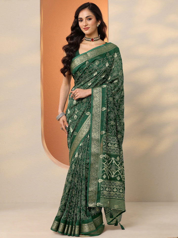 Green Printed Silk Blend Saree With Unstitched Blouse Piece