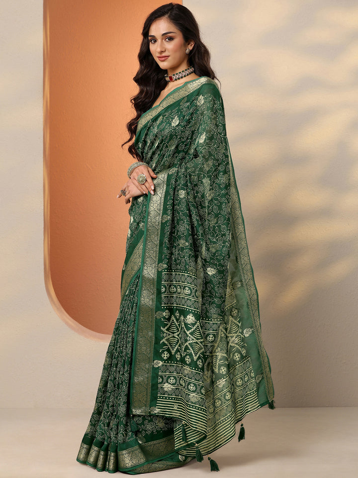 Green Printed Silk Blend Saree With Unstitched Blouse Piece