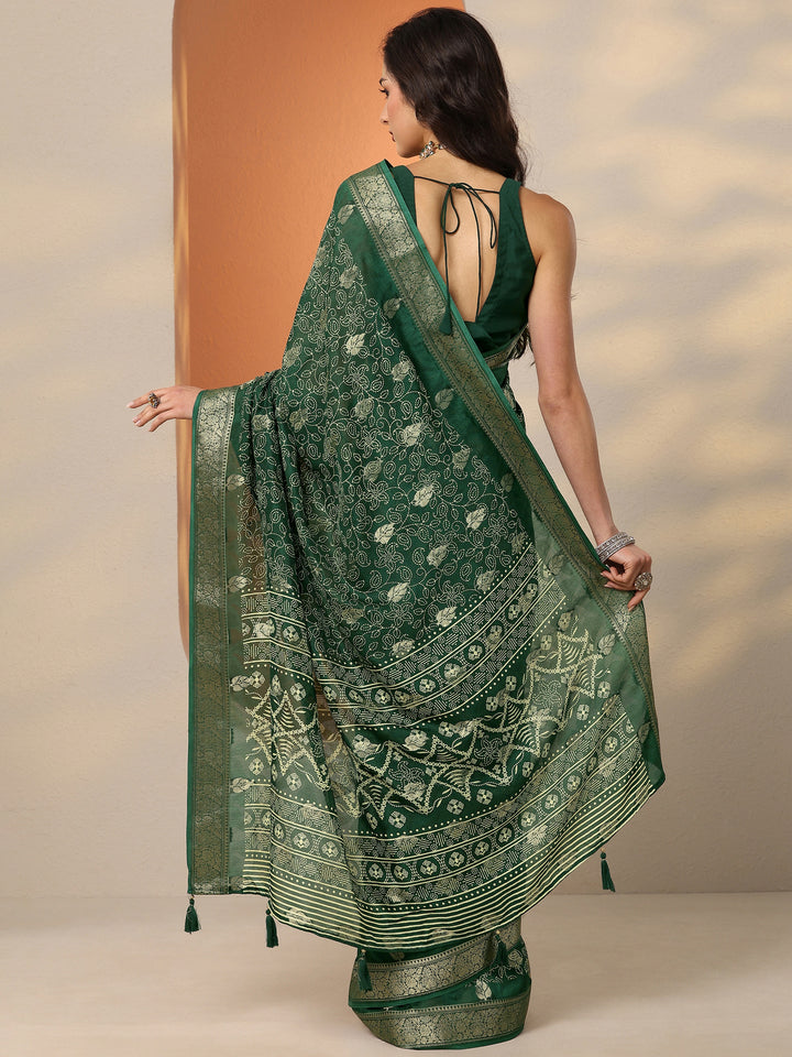 Green Printed Silk Blend Saree With Unstitched Blouse Piece