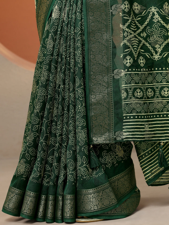 Green Printed Silk Blend Saree With Unstitched Blouse Piece