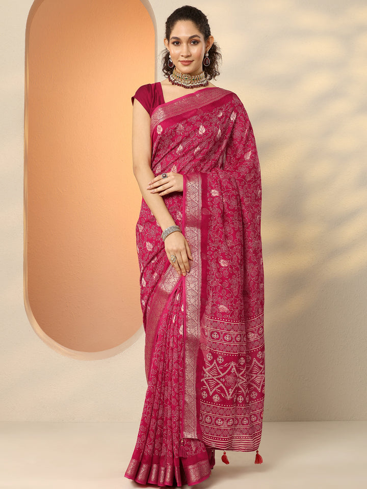 Pink Printed Silk Blend Saree With Unstitched Blouse Piece