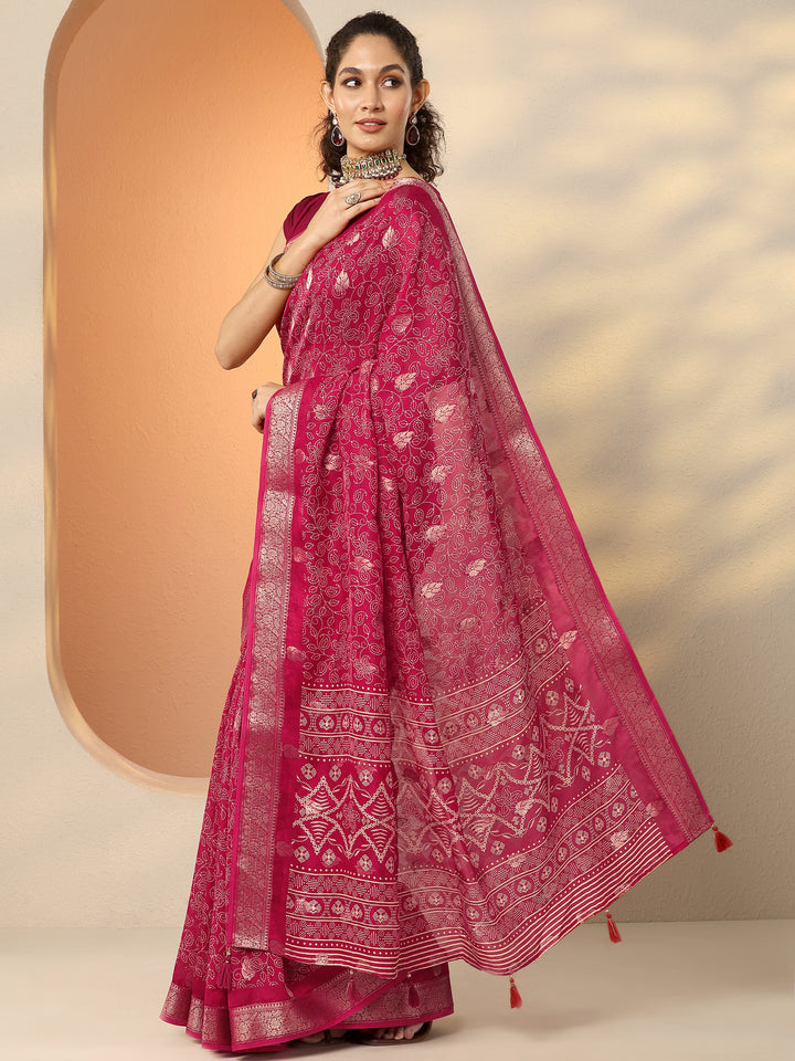 Pink Printed Silk Blend Saree With Unstitched Blouse Piece