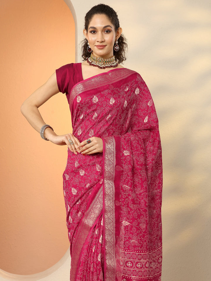 Pink Printed Silk Blend Saree With Unstitched Blouse Piece