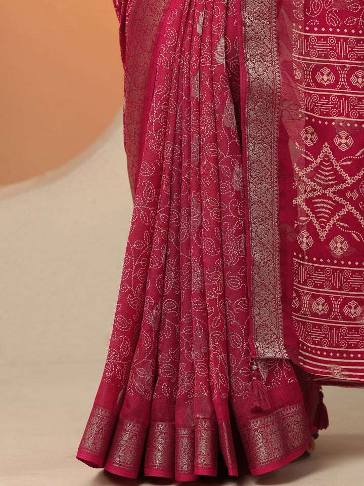 Pink Printed Silk Blend Saree With Unstitched Blouse Piece