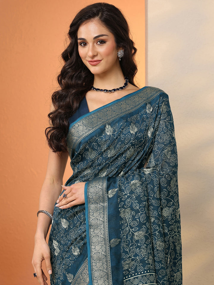 Navy Blue Printed Silk Blend Saree With Unstitched Blouse Piece