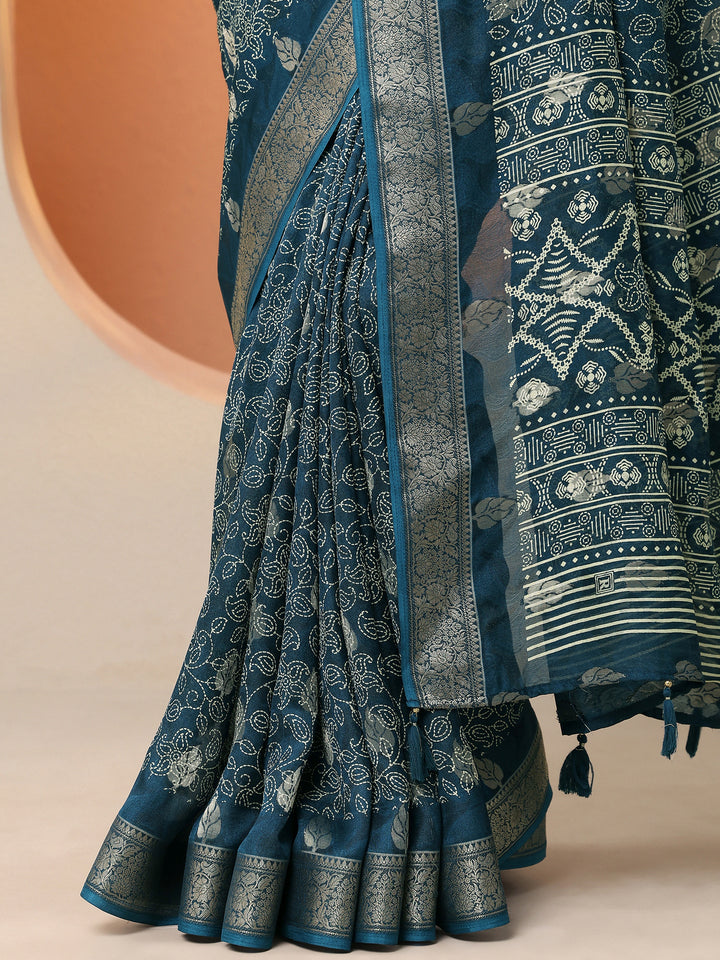 Navy Blue Printed Silk Blend Saree With Unstitched Blouse Piece