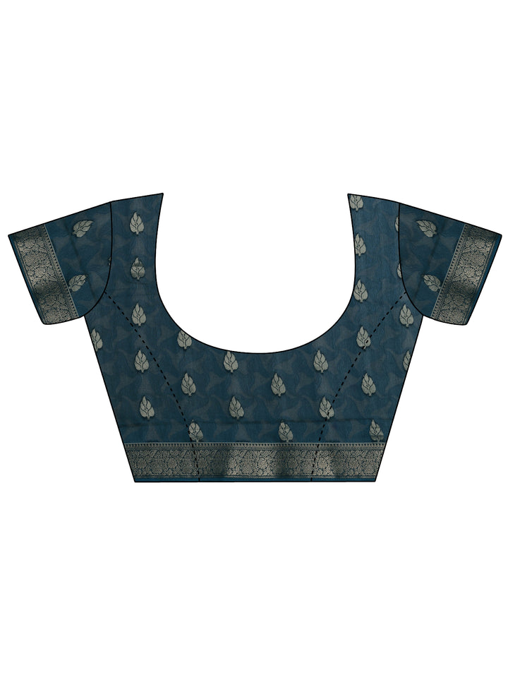 Navy Blue Printed Silk Blend Saree With Unstitched Blouse Piece