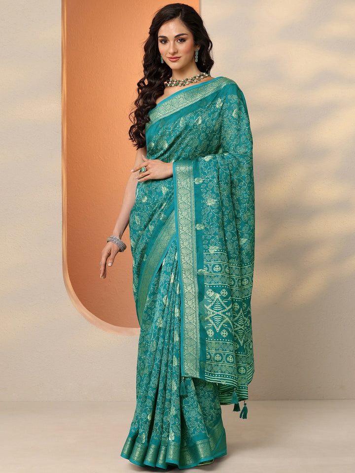 Green Printed Silk Blend Saree With Unstitched Blouse Piece