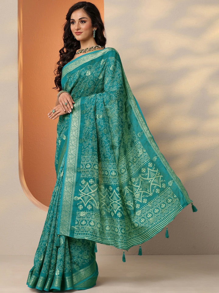 Green Printed Silk Blend Saree With Unstitched Blouse Piece