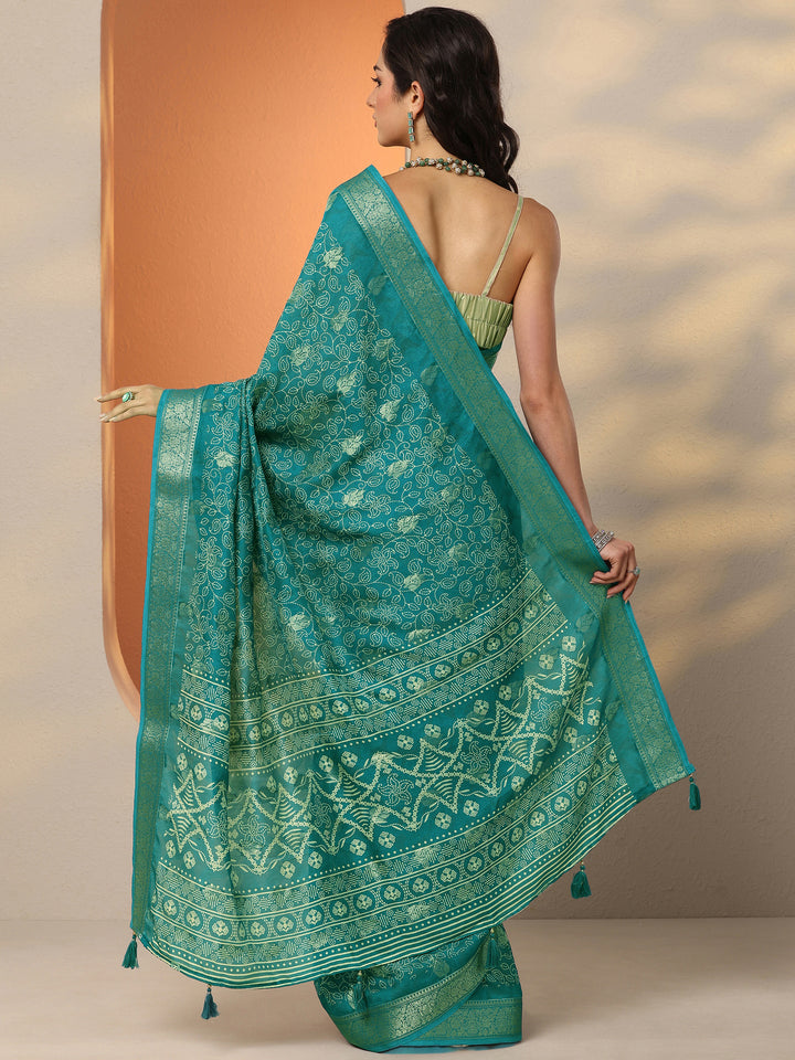 Green Printed Silk Blend Saree With Unstitched Blouse Piece