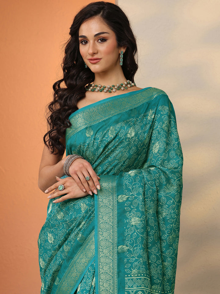 Green Printed Silk Blend Saree With Unstitched Blouse Piece