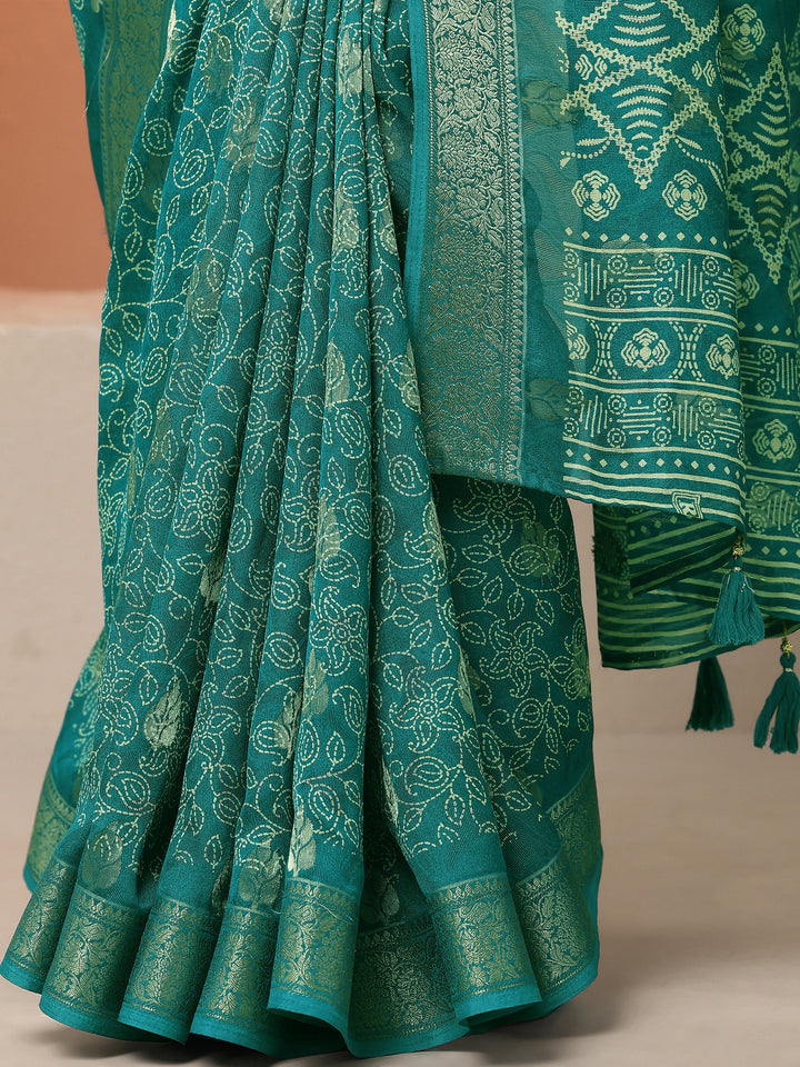 Green Printed Silk Blend Saree With Unstitched Blouse Piece