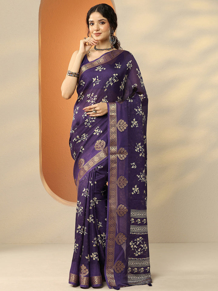 Purple Printed Silk Blend Saree With Unstitched Blouse Piece