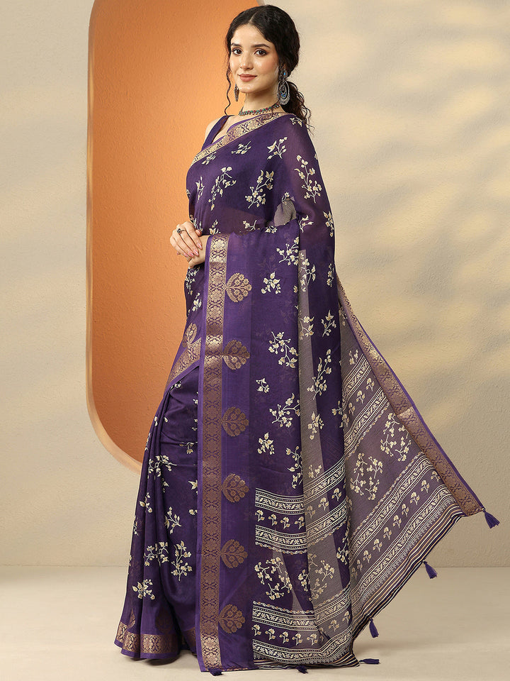Purple Printed Silk Blend Saree With Unstitched Blouse Piece