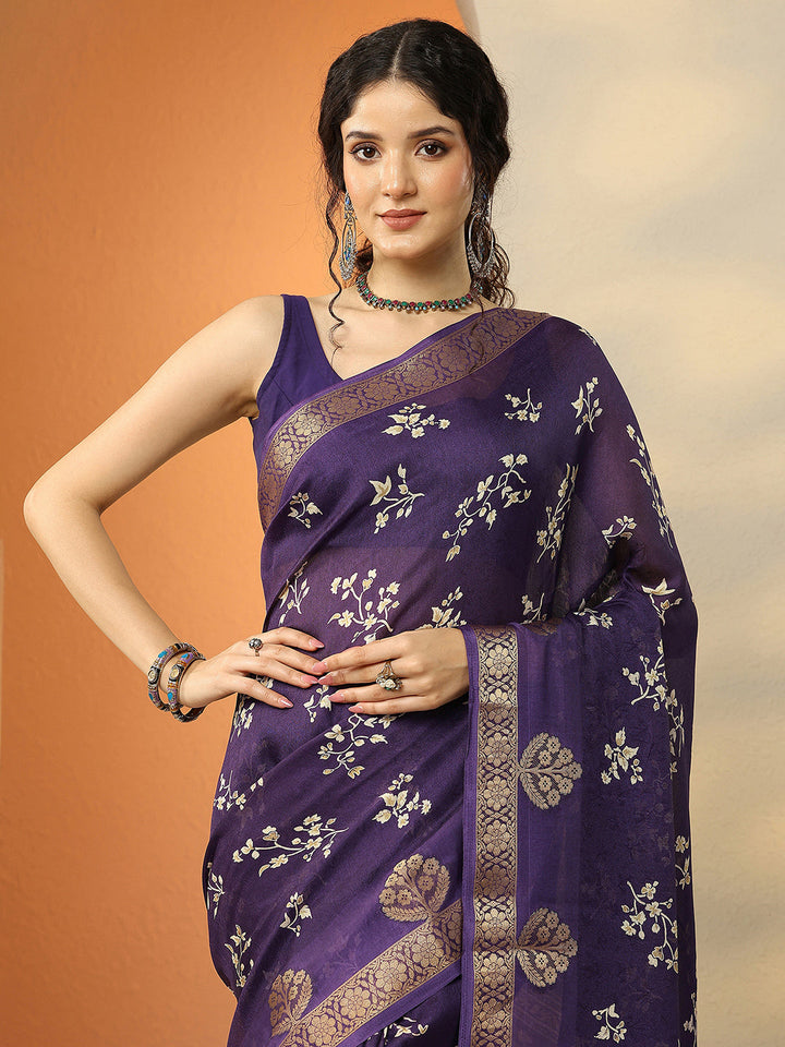Purple Printed Silk Blend Saree With Unstitched Blouse Piece
