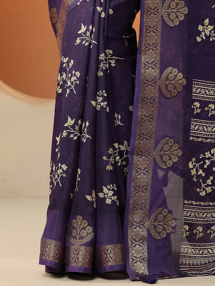 Purple Printed Silk Blend Saree With Unstitched Blouse Piece