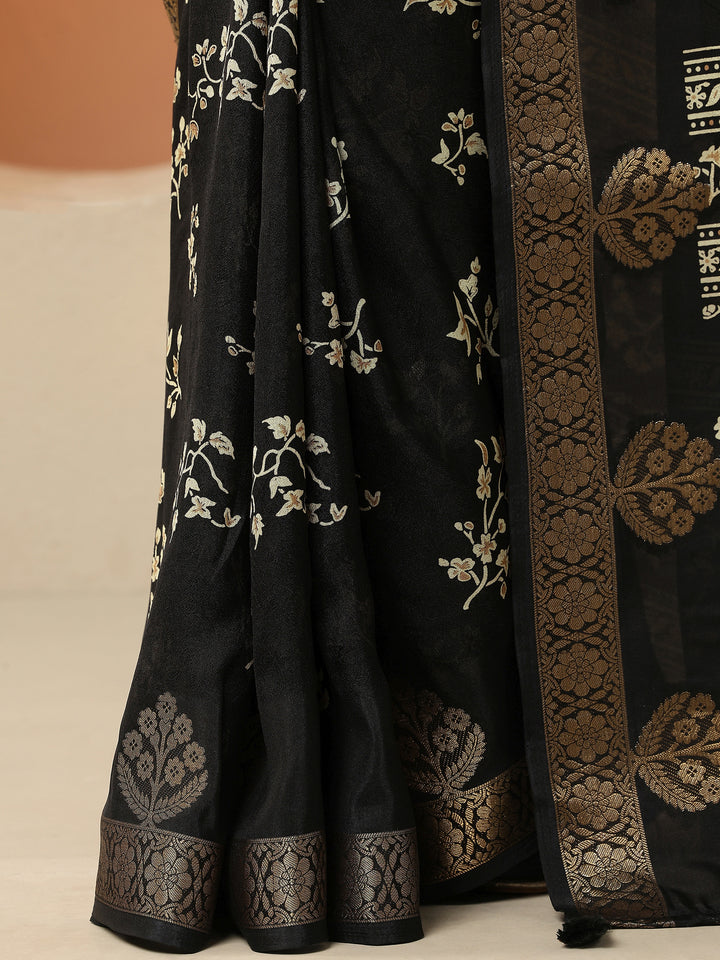 Black Printed Silk Blend Saree With Unstitched Blouse Piece