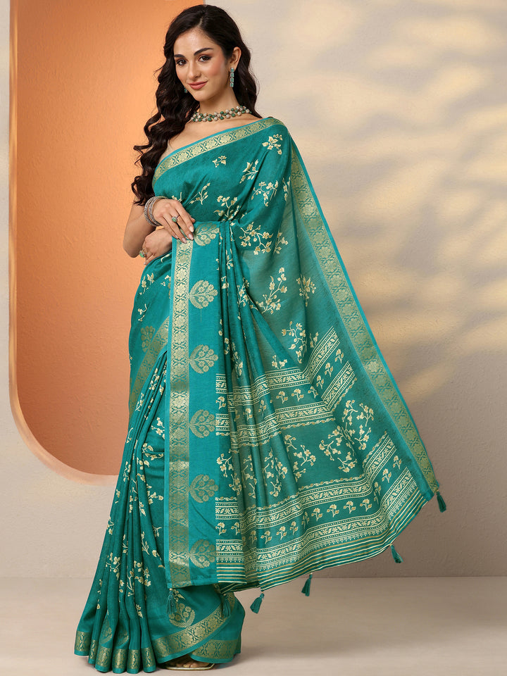 Green Printed Silk Blend Saree With Unstitched Blouse Piece