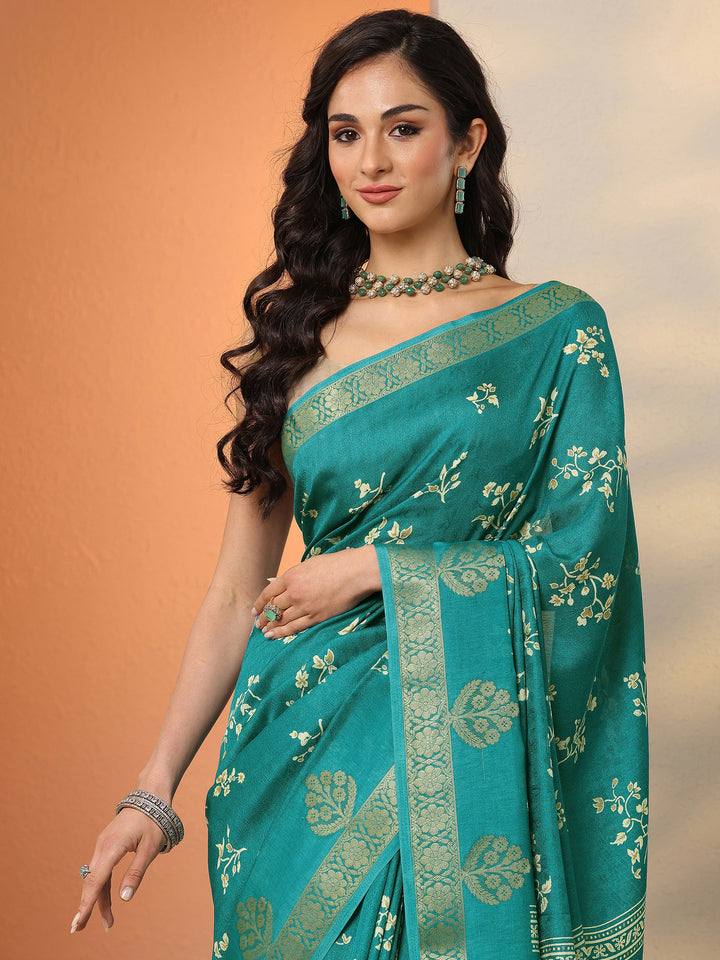 Green Printed Silk Blend Saree With Unstitched Blouse Piece