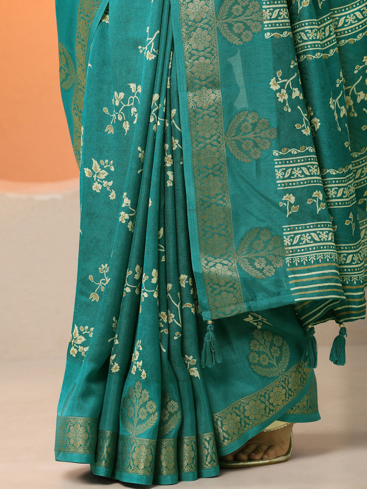 Green Printed Silk Blend Saree With Unstitched Blouse Piece