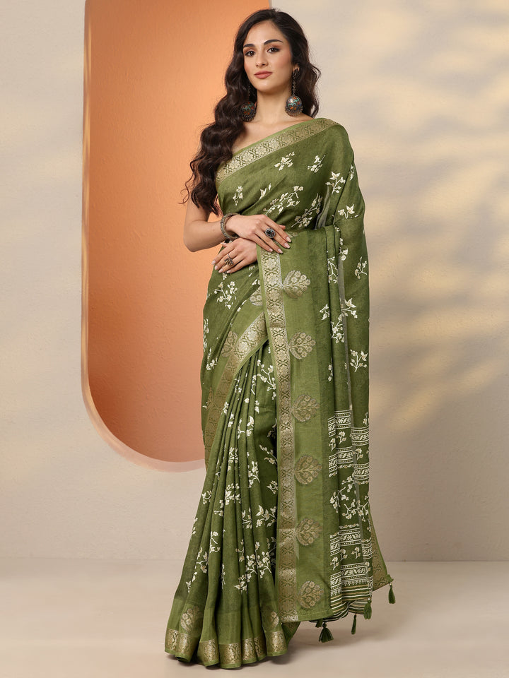 Green Printed Silk Blend Saree With Unstitched Blouse Piece