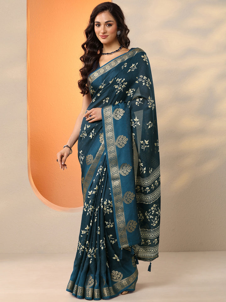Navy Blue Printed Silk Blend Saree With Unstitched Blouse Piece