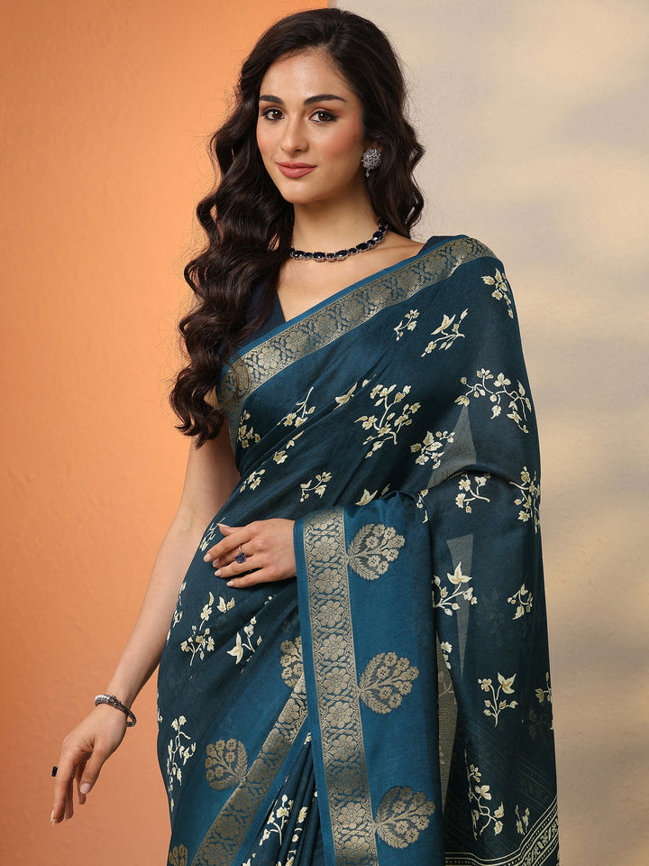Navy Blue Printed Silk Blend Saree With Unstitched Blouse Piece