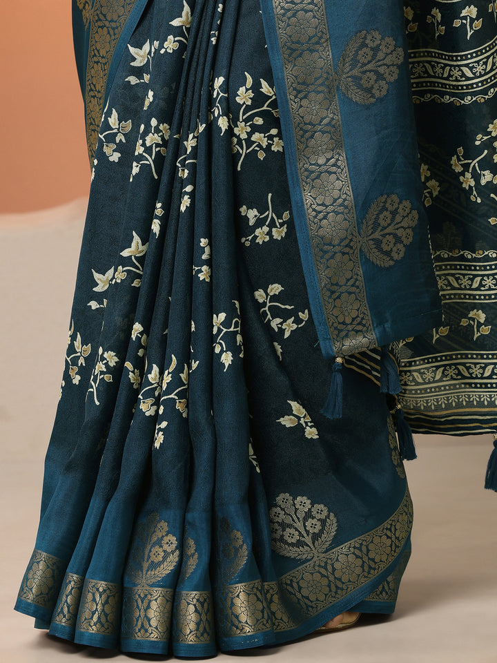 Navy Blue Printed Silk Blend Saree With Unstitched Blouse Piece