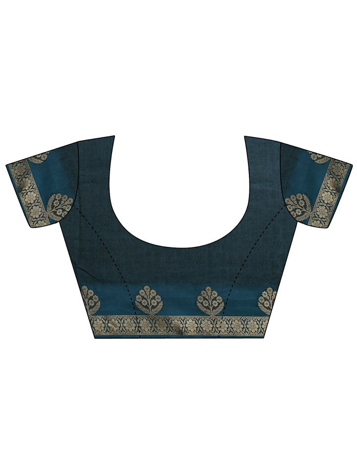 Navy Blue Printed Silk Blend Saree With Unstitched Blouse Piece