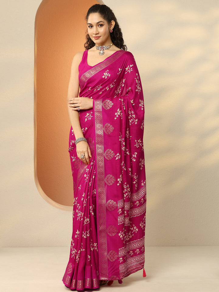 Pink Printed Silk Blend Saree With Unstitched Blouse Piece