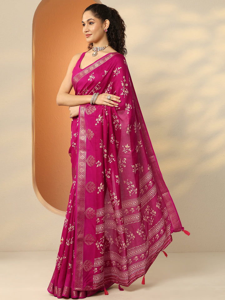 Pink Printed Silk Blend Saree With Unstitched Blouse Piece