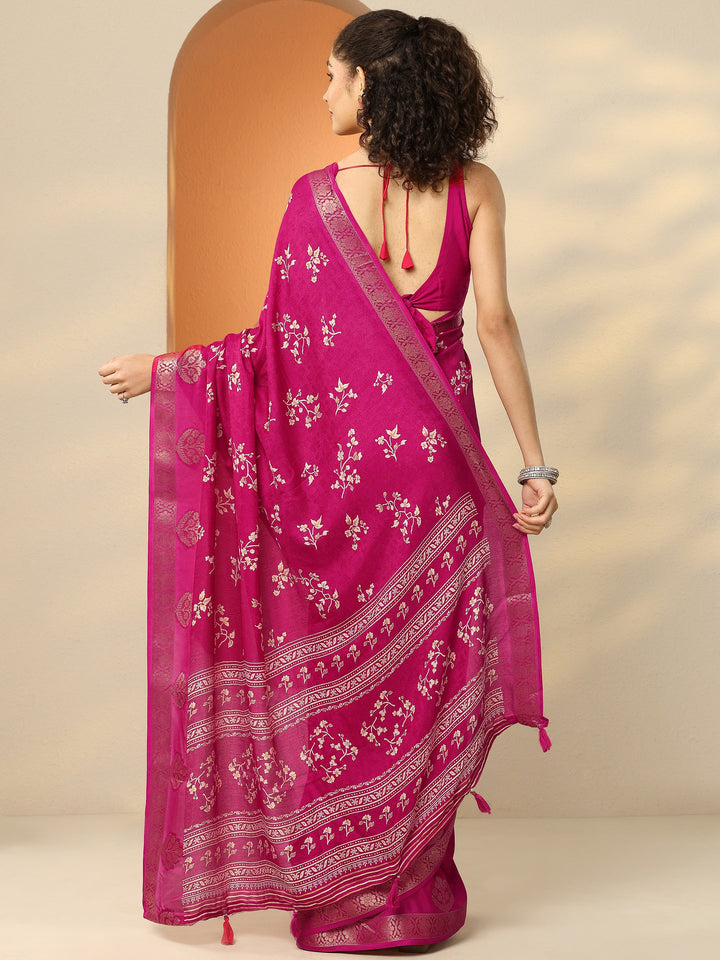 Pink Printed Silk Blend Saree With Unstitched Blouse Piece