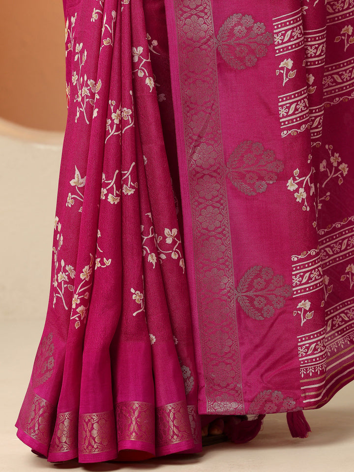 Pink Printed Silk Blend Saree With Unstitched Blouse Piece