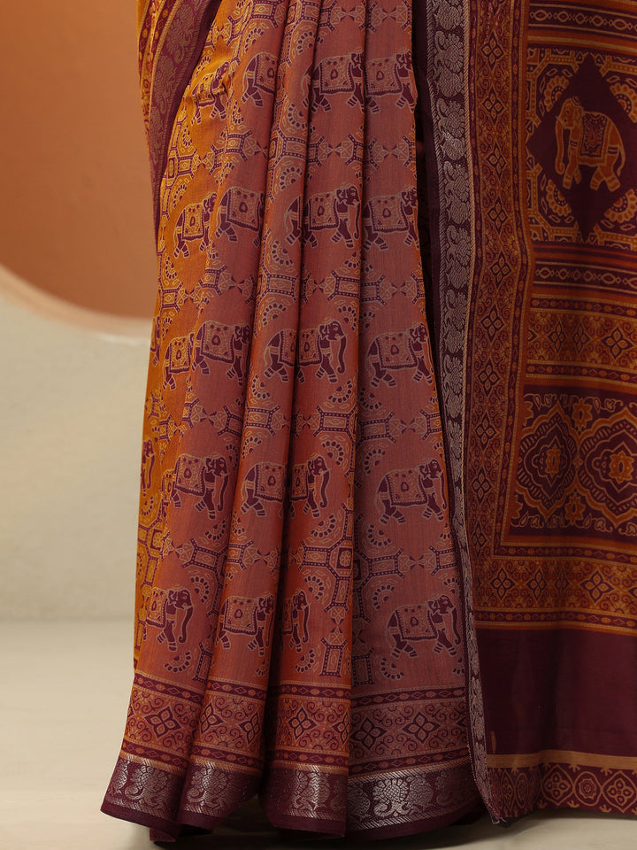 Mustard Printed Silk Blend Saree With Unstitched Blouse Piece